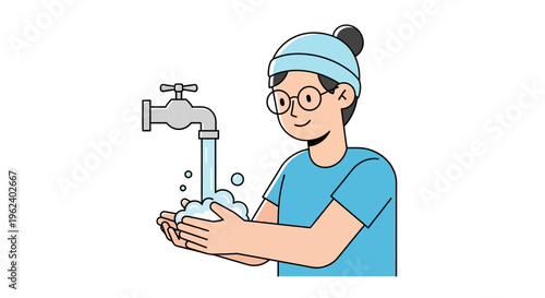A person wearing glasses and a headband washing hands under a faucet.