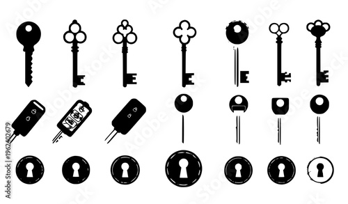 Minimal Key and Lock Icon Set – Flat Vector Silhouettes for Security