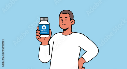 Man holding up a supplement bottle with a smile indoors