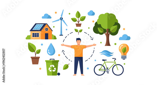 Sustainable Living & Eco-Friendly Environment Concept. Flat Vector of Renewable Energy, Recycling, Nature, and Green Technology for a Healthy Planet.
