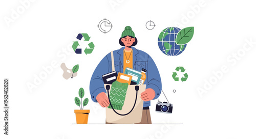 Eco-Conscious Person with Reusable Tote Bag: Sustainable Lifestyle & Environmental Protection Concept Illustration