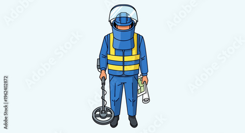 Person wearing blue protective suit searches ground with metal detector outdoors