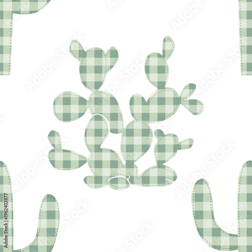 Seamless pattern with checkered cacti silhouettes. Saguaro cactus and prickly pear gingham background. Cartoon Desert vector illustration