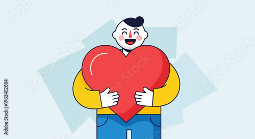 Man holding big red heart with joyful expression on face closely