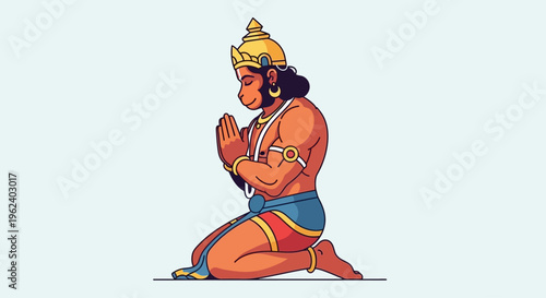 A kneeling illustration of a muscular man in a praying position with hands together.