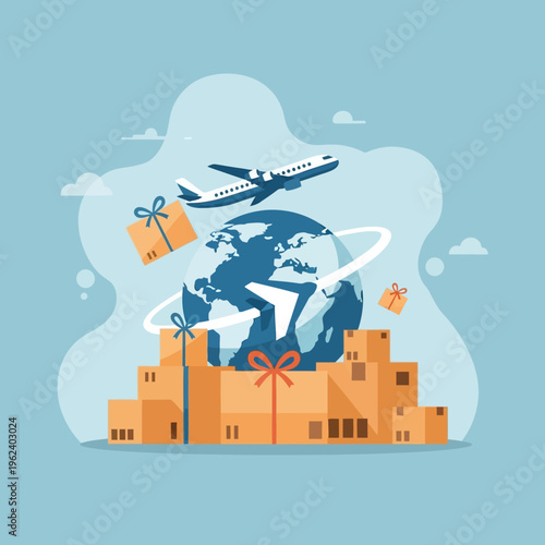 Global shipping logistics: Airplane flying around earth with cargo boxes, international delivery concept