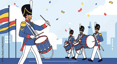Soldiers marching with drums in a festive parade through the city streets