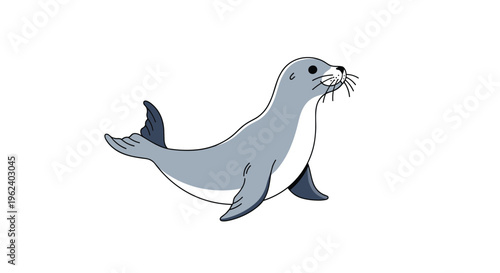Adorable cartoon seal, playfully swimming or wiggling, showcasing its sleek gray body, cute face, and whiskers, with a friendly expression.