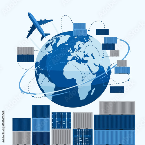 Global Shipping Logistics: Airplane, Cargo Containers, and World Map