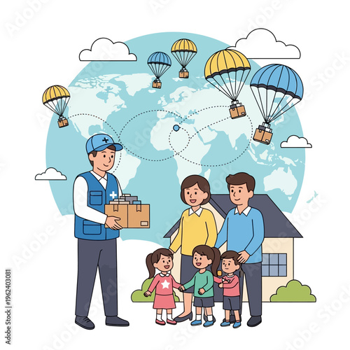 Humanitarian aid delivery by parachute to a family, global support concept