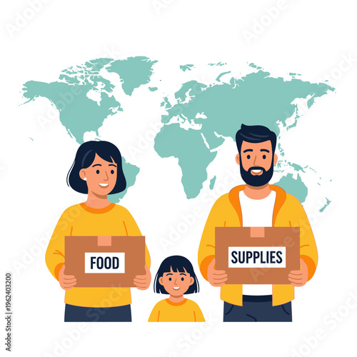Family Donating Food and Supplies Worldwide Charity Concept