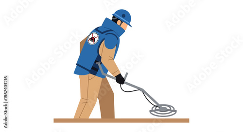 Man in blue uniform uses metal detector on ground outdoors