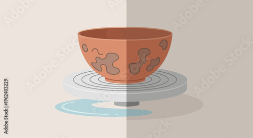 Illustration of a ceramic bowl spinning on a potter's wheel indoors