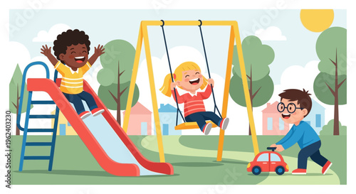 Children playing on a colorful playground with a slide and swings outside