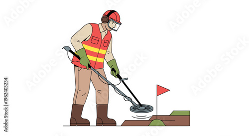 Man uses metal detector on golf course with flag