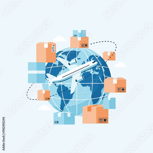 Global logistics and shipping: Airplane circling earth with cargo boxes, international delivery concept
