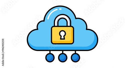 A padlock secures a cloud storage icon with hanging files online.