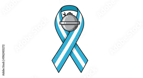Illustration of a blue and white awareness ribbon with a grey object