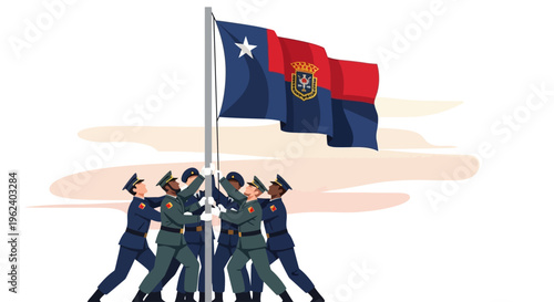 Soldiers raising a Texas flag together outdoors in illustration