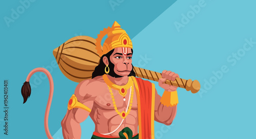 Illustration of Hanuman holding a mace in a powerful stance