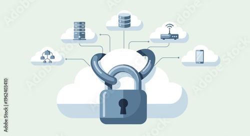 Cloud security concept with padlock protecting connected devices and data storage