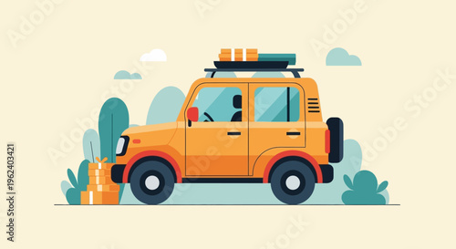 A yellow car travels with luggage on a scenic road trip outdoors