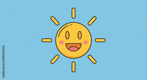 Smiling sun illustration shines brightly in clear blue sky with rays