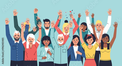 Diverse group of people celebrate together outdoors in a joyful event with raised arms