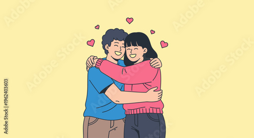 A loving couple hugging each other tightly with hearts floating around them indoors.