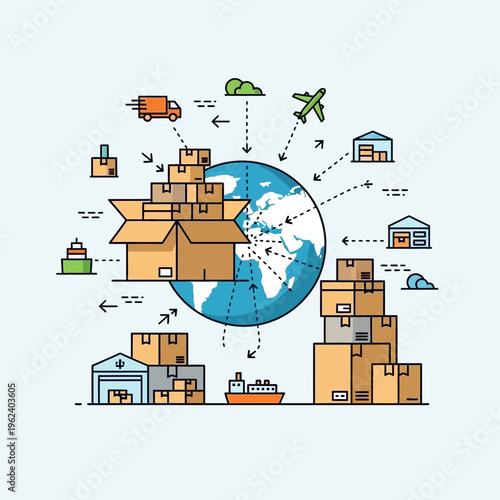 Global Logistics and Shipping: Worldwide Delivery Network with Cargo and Warehouses