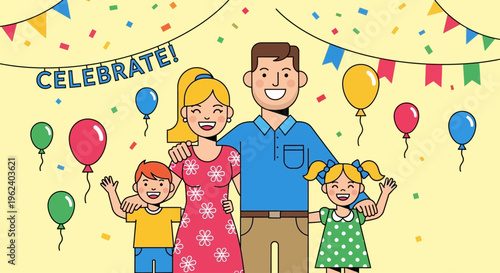 A happy family celebrates with balloons and streamers at a festive party