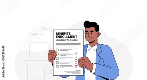 A man holds up a benefits enrollment form in an office setting.