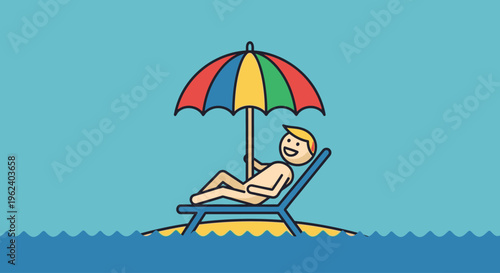 Man relaxing on beach chair under colorful umbrella by ocean water