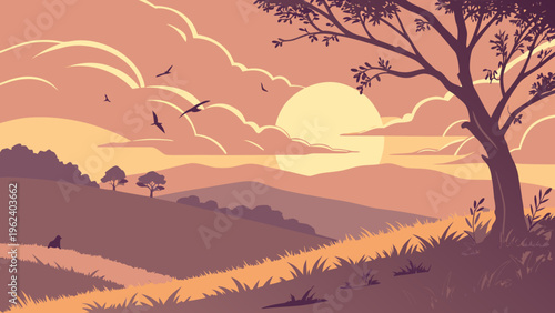 Serene landscape at sunset with rolling hills, silhouetted tree, and gentle clouds in warm orange and purple tones, flat design
