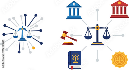 Justice and law icons representing scales of justice, court buildings, a gavel, and a law book connected by network nodes.