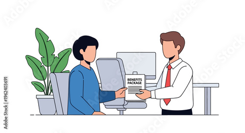 Businessman giving documents to woman at office desk with computer and plant