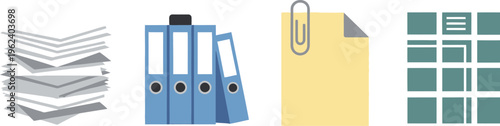 Office document icons featuring stacks of paper, ring binders, a paperclip on a yellow sheet, and a grid for organizing information.