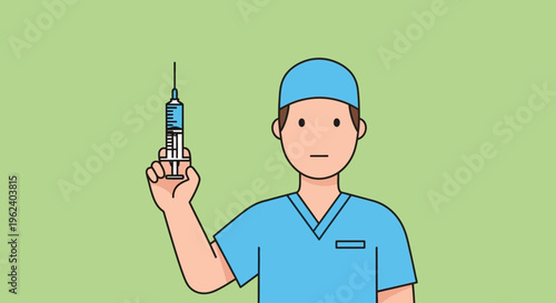 A medical professional holds a syringe in a clinic setting with a concerned expression on his face.