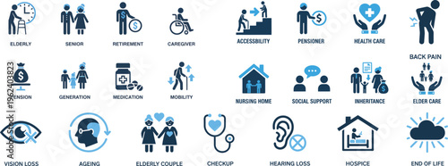Elderly Care and Retirement Flat Icon Set Blue Vector Collection