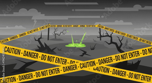 Abandoned landscape with caution tape surrounds eerie green glow at night.