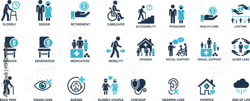 Elderly Care and Retirement Vector Icons – Flat Healthcare Icon Set
