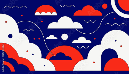 Abstract geometric background with stylized clouds, sun, and wavy lines in bold blue, white, and red colors