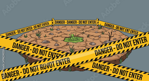 A restricted desert landscape with danger tape surrounds a barren wasteland environment.