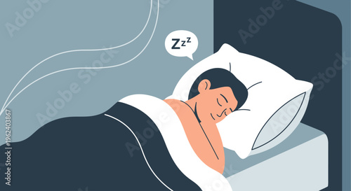 A person sleeps peacefully on a bed with a pillow and blanket indoors.