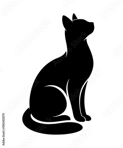 Minimal elegant cat silhouette in sitting pose with tail wrapped around body. Clean vector for pet brands, minimalist home décor, cat cafes, and gift products.