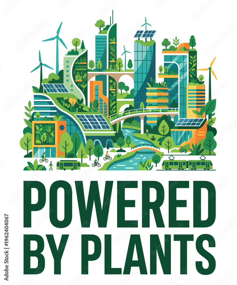Obraz premium Sustainable futuristic city powered by renewable plant energy illustration