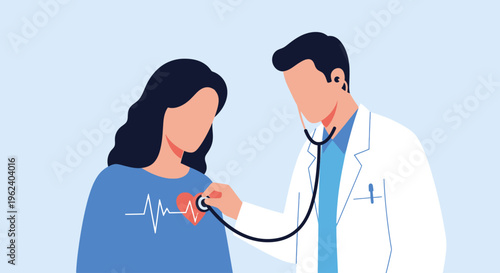 A doctor listens to a patient's heartbeat with a stethoscope in a clinic.