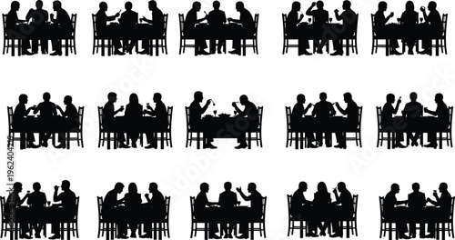 Collection of various people silhouettes sitting at restaurant tables eating food and drinking wine isolated on white background for catering hospitality and social dining design.