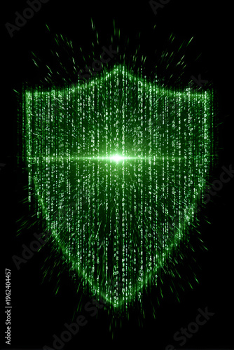 Cybersecurity shield concept with glowing green binary code and matrix characters on a black background, symbolizing data protection, network safety, internet security, and privacy in the digital age.