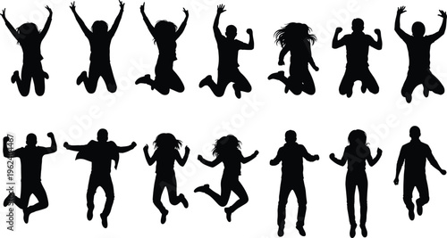 Dynamic silhouettes of diverse people jumping in joyful celebration, energetic poses expressing happiness, freedom, excitement, vitality, and positive lifestyle movement